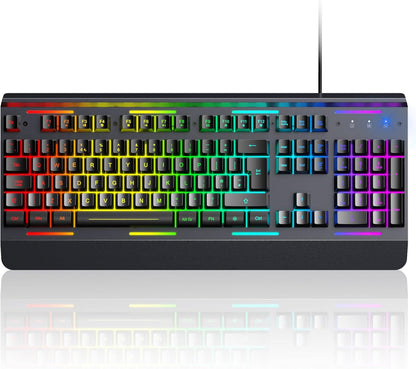 Gaming Keyboard, 104 Keys RGB Keyboard, All-Metal Panel, 15-Zone RGB Illumination, Silent Keyboard, 25 Anti-Ghosting Keys, IP32 Water Resistance, USB Wired Keyboard for PC, Mac, Laptop