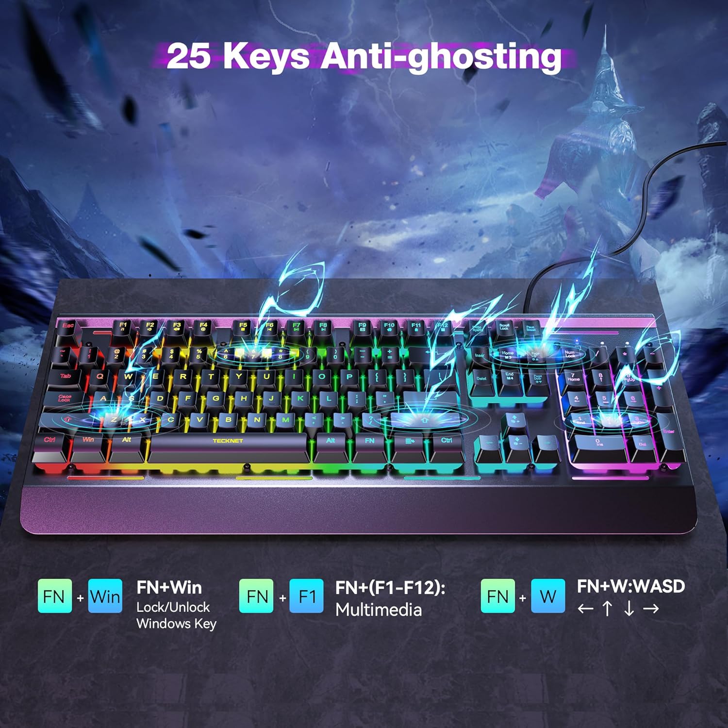 Gaming Keyboard, 104 Keys RGB Keyboard, All-Metal Panel, 15-Zone RGB Illumination, Silent Keyboard, 25 Anti-Ghosting Keys, IP32 Water Resistance, USB Wired Keyboard for PC, Mac, Laptop