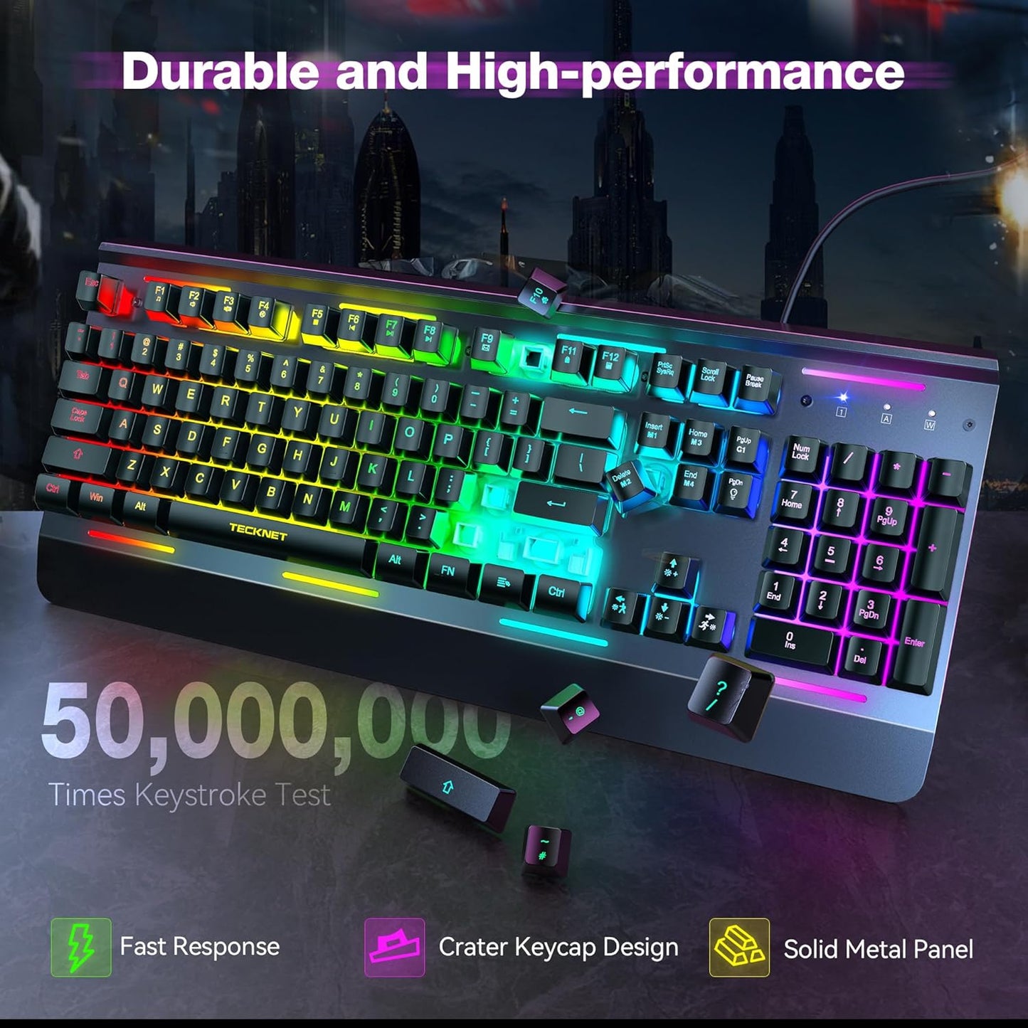 Gaming Keyboard, 104 Keys RGB Keyboard, All-Metal Panel, 15-Zone RGB Illumination, Silent Keyboard, 25 Anti-Ghosting Keys, IP32 Water Resistance, USB Wired Keyboard for PC, Mac, Laptop