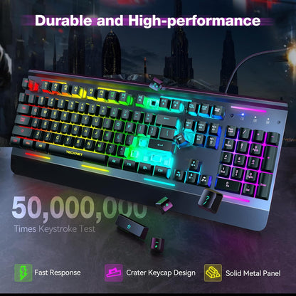 Gaming Keyboard, 104 Keys RGB Keyboard, All-Metal Panel, 15-Zone RGB Illumination, Silent Keyboard, 25 Anti-Ghosting Keys, IP32 Water Resistance, USB Wired Keyboard for PC, Mac, Laptop