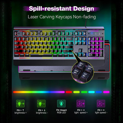 Gaming Keyboard, 104 Keys RGB Keyboard, All-Metal Panel, 15-Zone RGB Illumination, Silent Keyboard, 25 Anti-Ghosting Keys, IP32 Water Resistance, USB Wired Keyboard for PC, Mac, Laptop