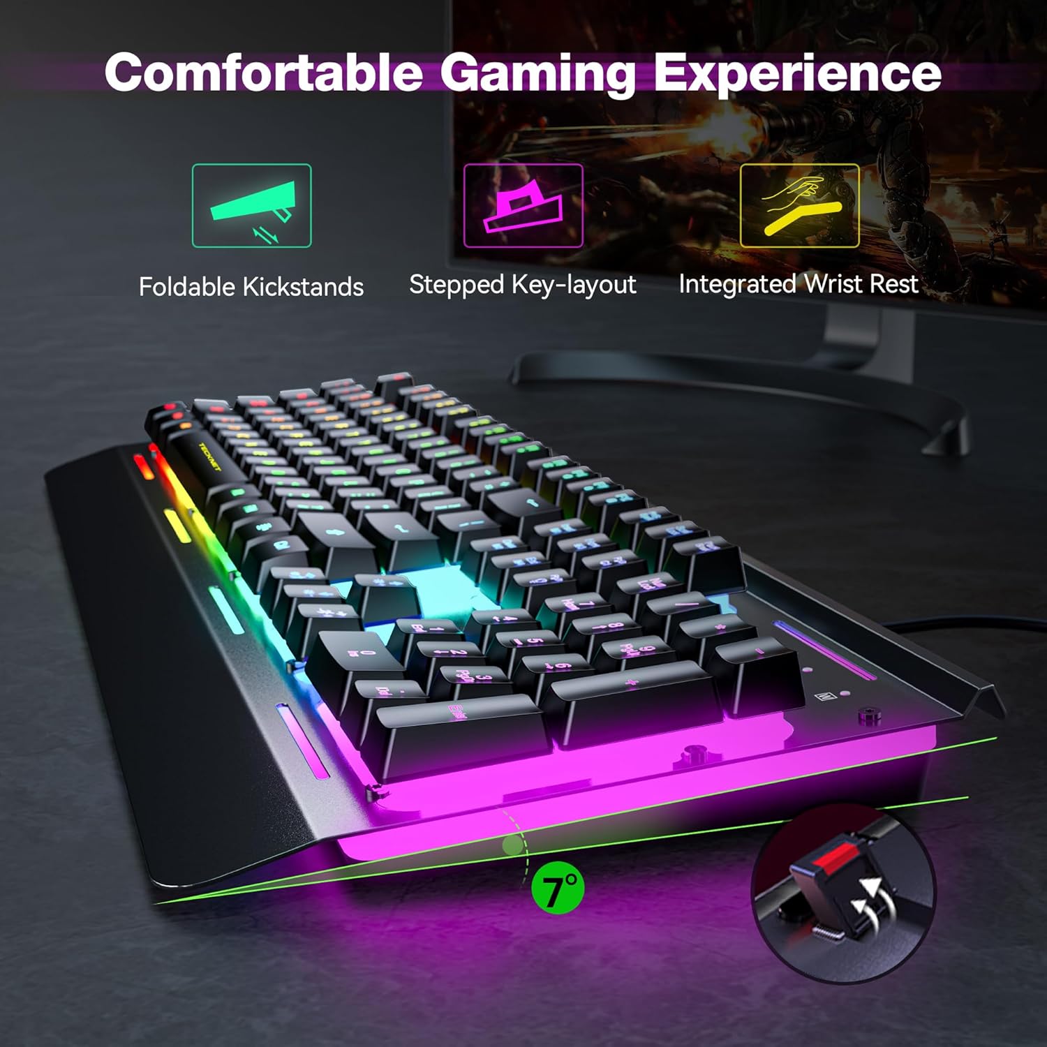 Gaming Keyboard, 104 Keys RGB Keyboard, All-Metal Panel, 15-Zone RGB Illumination, Silent Keyboard, 25 Anti-Ghosting Keys, IP32 Water Resistance, USB Wired Keyboard for PC, Mac, Laptop