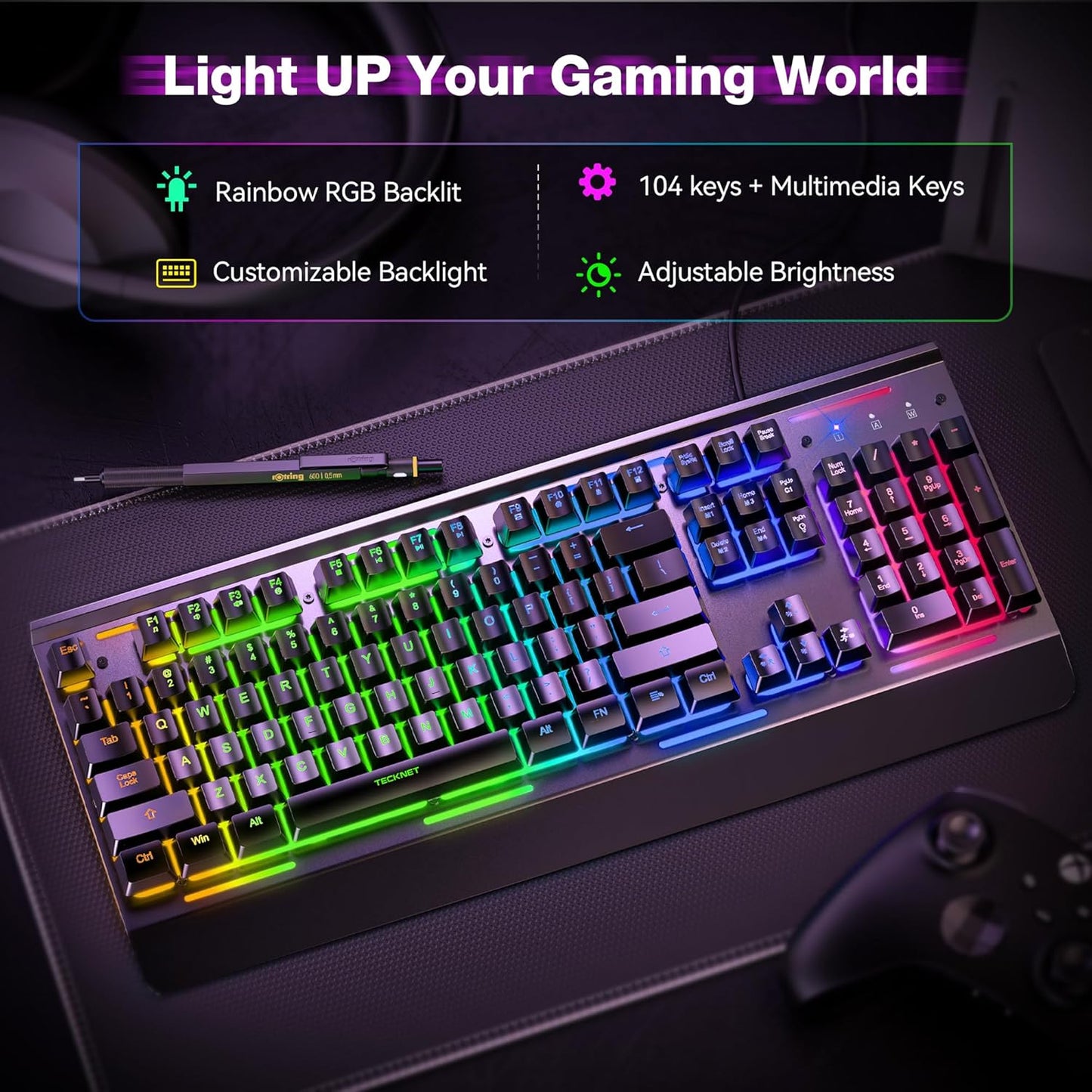 Gaming Keyboard, 104 Keys RGB Keyboard, All-Metal Panel, 15-Zone RGB Illumination, Silent Keyboard, 25 Anti-Ghosting Keys, IP32 Water Resistance, USB Wired Keyboard for PC, Mac, Laptop