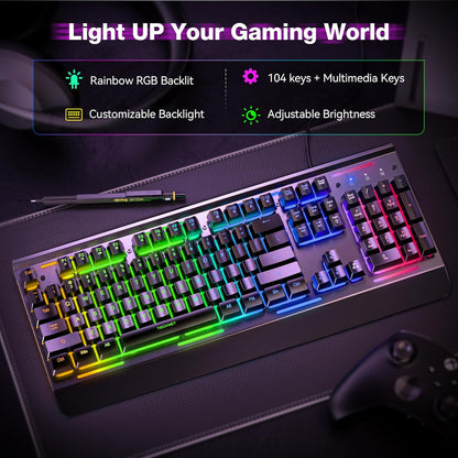 Gaming Keyboard, 104 Keys RGB Keyboard, All-Metal Panel, 15-Zone RGB Illumination, Silent Keyboard, 25 Anti-Ghosting Keys, IP32 Water Resistance, USB Wired Keyboard for PC, Mac, Laptop