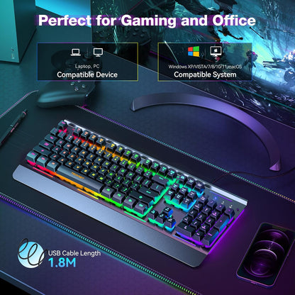 Gaming Keyboard, 104 Keys RGB Keyboard, All-Metal Panel, 15-Zone RGB Illumination, Silent Keyboard, 25 Anti-Ghosting Keys, IP32 Water Resistance, USB Wired Keyboard for PC, Mac, Laptop